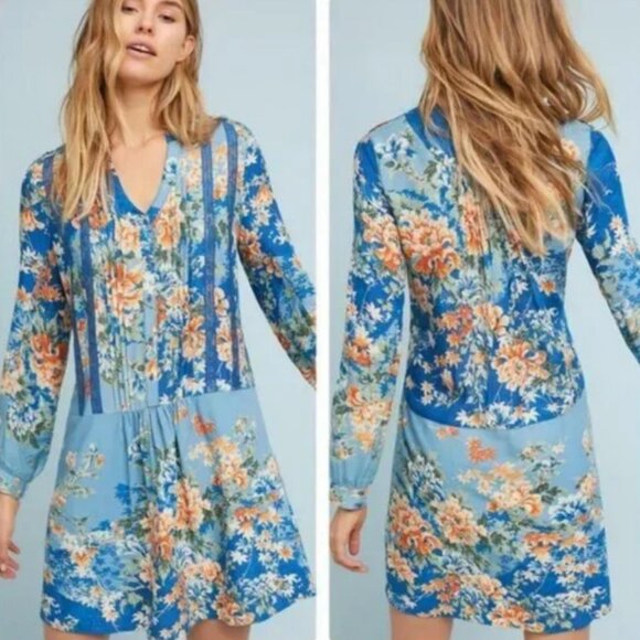 Anthropologie TINY Gaina Floral Blue and Orange Boho Long Sleeve Dress Size XXS - Picture 12 of 14